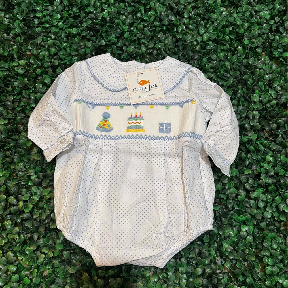 Stitchy Fish Birthday Smocked Bubble Outfit Size 3M
